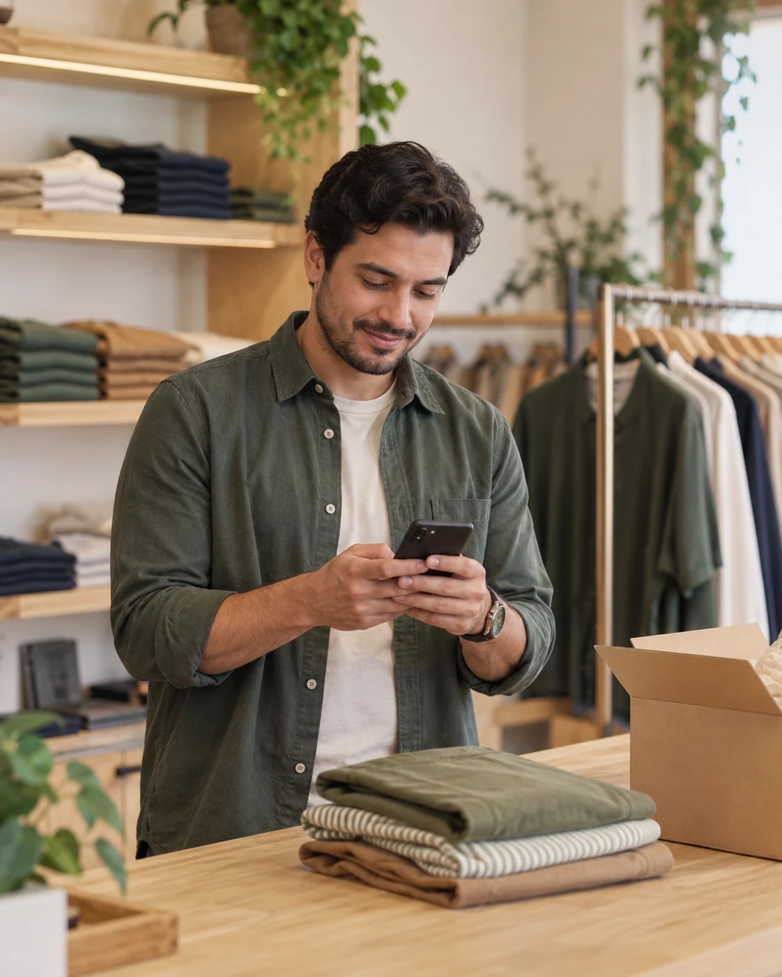 El dueño de una tienda revisa en su celular la solicitud que acaba de recibir.