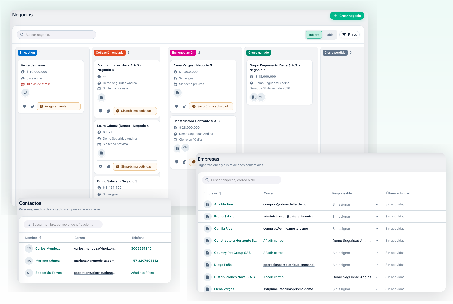 CRM de Provee con tablero de negocios por etapa, próximas actividades y directorios de contactos y empresas.