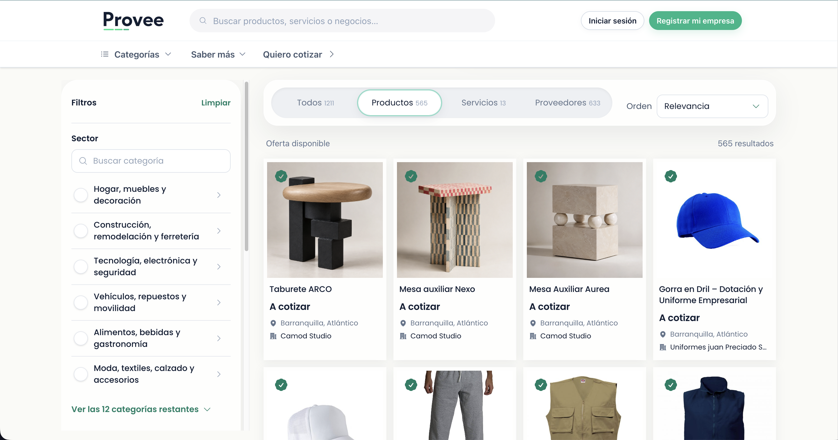 Marketplace de Provee con productos de diferentes empresas, filtros por categoría y opciones para encontrar productos, servicios y proveedores.