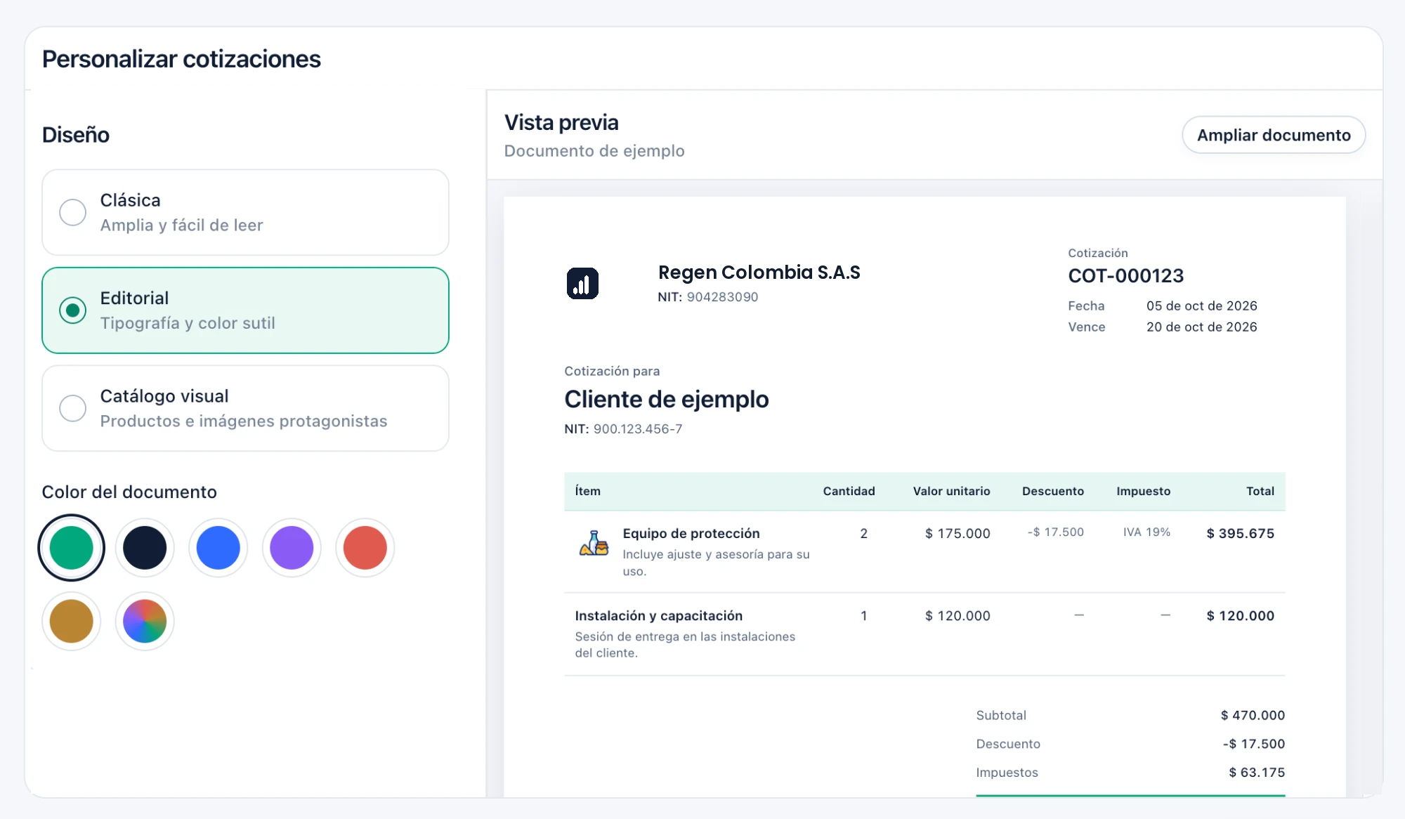 Personalización de cotizaciones en Provee, con opciones de diseño, colores y vista previa del documento.